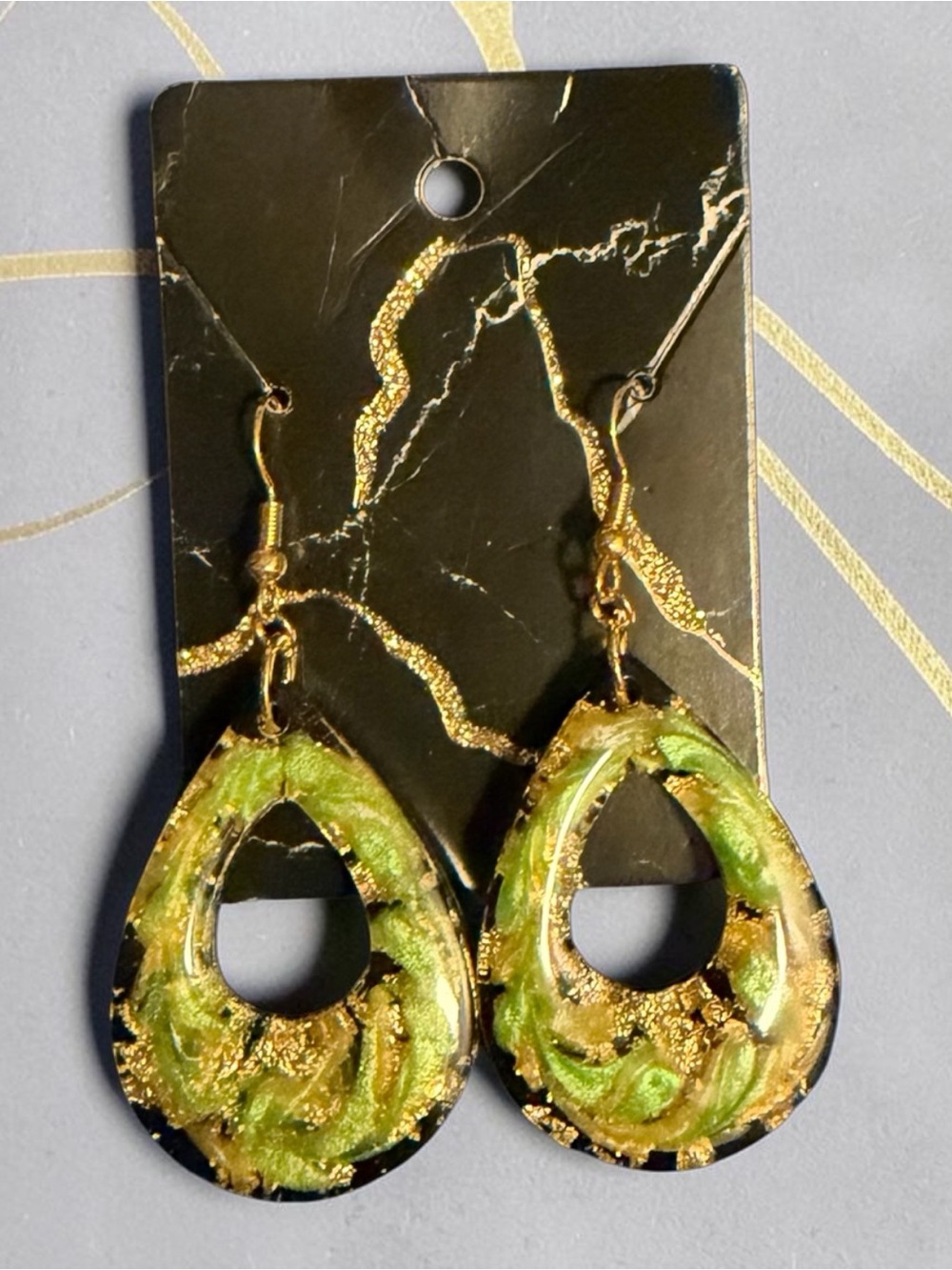 Green and Gold Teardrop Dangle Earrings